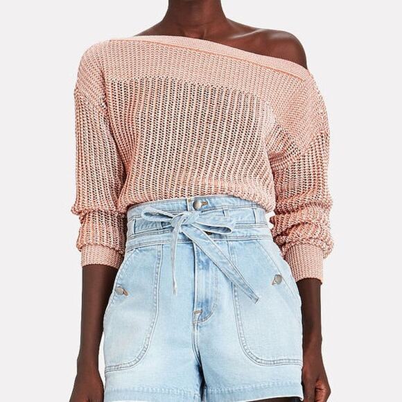 Intermix Megan Two-Tone Cotton Asymmetric Neck Open Knit Sweater Orange Beige P - Picture 1 of 6